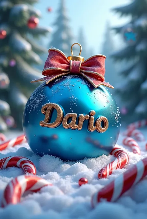 bright blue christmas ball with name “Dario” in a snowy forest with candy and with a big bow, photo, 3d render