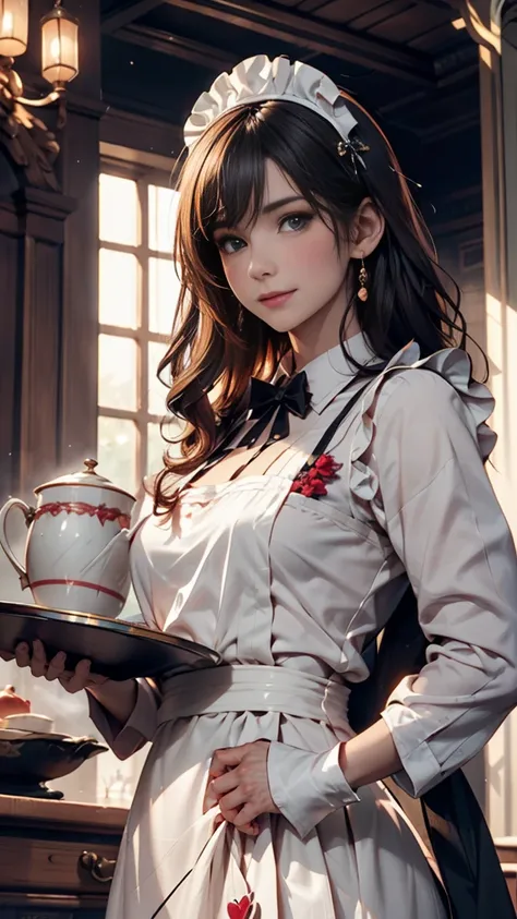 A mature and witty maid,medium-length straight black hair, a warm yet slightly cunning smile, wearing a traditional and elegant maid outfit with a white apron and headpiece, exuding confidence in her role as a senior servant, background set in a classical ...