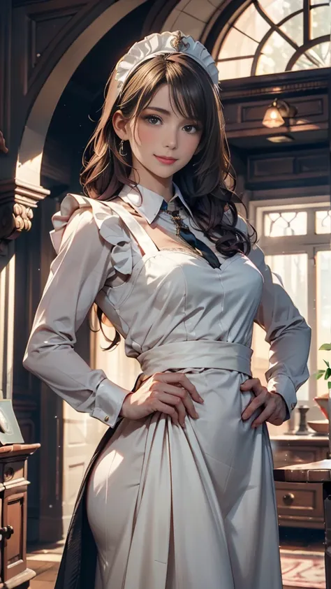 A mature and witty maid,medium-length straight black hair, a warm yet slightly cunning smile, wearing a traditional and elegant maid outfit with a white apron and headpiece, exuding confidence in her role as a senior servant, background set in a classical ...