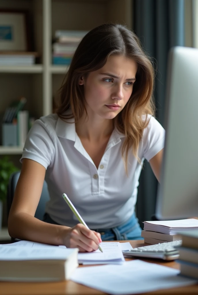  The student is sitting in front of the cluttered desk,  surrounded by books and papers , Looking at the computer.  Her face reflects tiredness and fatigue ,  looking at the screen with concentration ,  but her body and mind are visibly tired.
outfit: Whit...