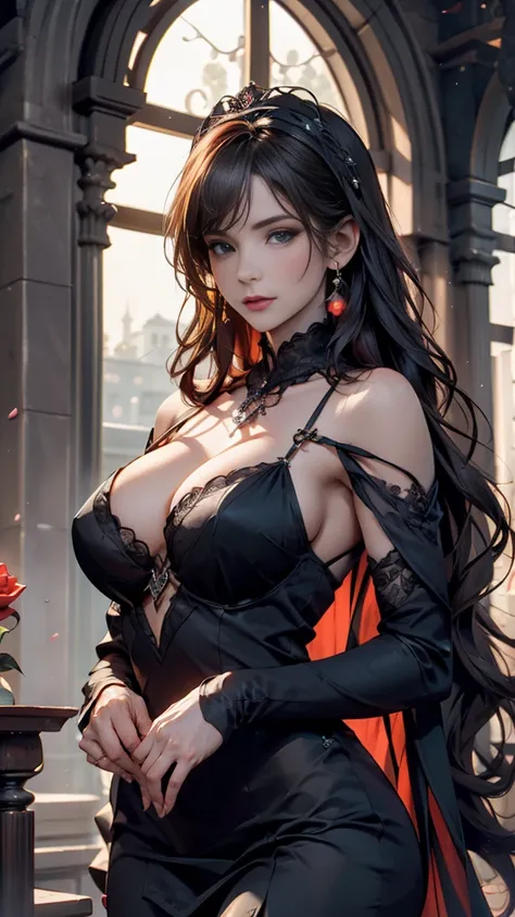 A bewitching and beautiful woman,mature and elegant female character, graceful and noble demeanor, widow, wearing a luxurious and gothic black long gown or evening dress, long straight or slightly wavy black hair, alluring and cold yet captivating gaze, ho...