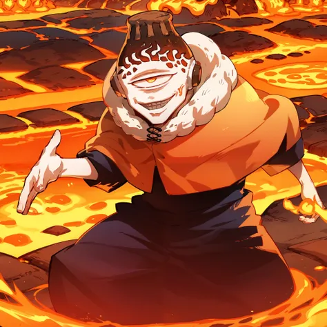 jogo from jujutsu kaisen, cyclope with vulcan on his head, light blue skincolorevil smile, flame aura, standing on a land full of fire and lava