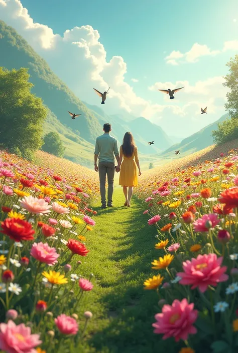 A field full of ,  with two people man and woman walking on the, with hummingbirds leaving the field . 