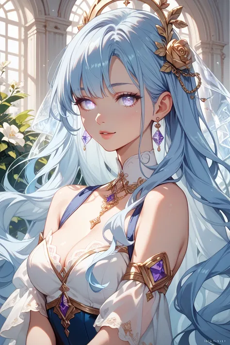  Name a character with angelic and very beautiful features ( long hair ,very long,transparent eyes , light blue hair with purple , fair skin )