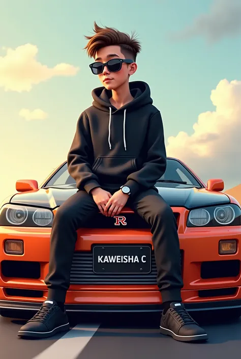 Make a 3D illustration of a  young boy sitting on the road and wearing black Hoodie and black angle pant with black sneaker shoes and wearing a Rolex watch in one hand and wearing a black sunglasses sat on the Gtr r34 car and on the number plate had a name...