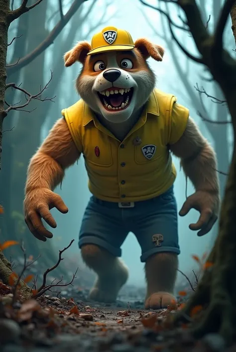 Rubble as a giant zombie light brown fur and yellow shirt and cap transformation into giant zombie 3d, 4k, horror forest paw patrol 