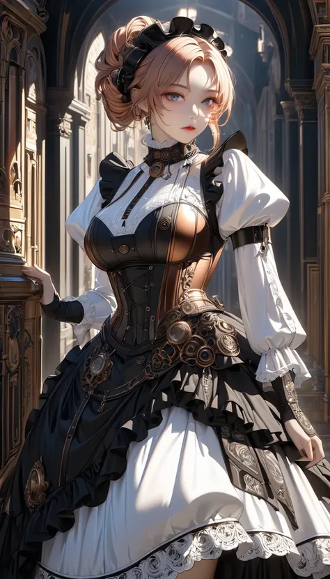 cool beauty, vivid and seductive expression, white shining glossy silky messy half updo, superlative great body proportion, wearing (copper plated) beautiful and wonderful maid outfit with lace frills, long ruffle skirt, Gothic, Romanesque, Baroque, Renais...