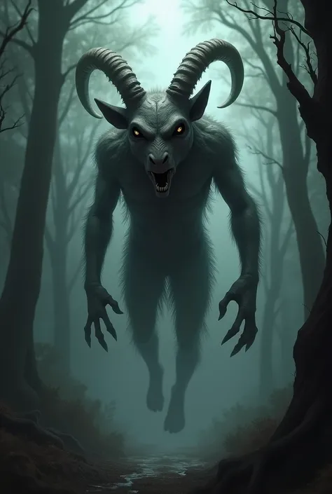 A figure of the goat sucker,  with gray skin and large, black eyes ,  floating silently in a shady forest .  The image conveys a sense of mystery and mixed with the fear of something unknown