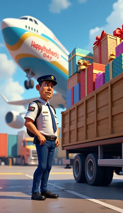 A confused customs officer standing next to a cargo truck full of colorful gifts and an airplane with a ribbon that says Happy Mothers Day.