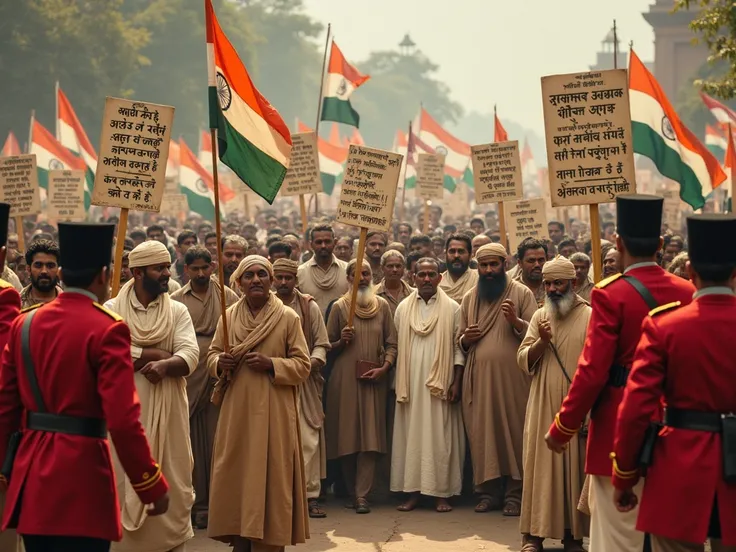 An intense scene depicting a protest against the British government during colonial rule in India. A large group of people, including men and women, are gathered, holding banners, flags, and placards with slogans in Hindi and English demanding independence...