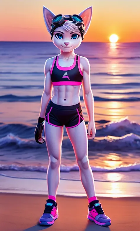 Rivet, tail, furry girl, 1girl, solo, young, pink sport shorts, pink sport bra, black soccer shoes, ocean background with sun set , standing, detailed body fur, detailed body, detailed eyes, detailed face, athletic, skinny, high quality, masterpiece, goggl...