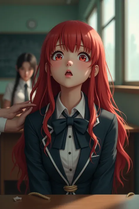  Korean girl with red hair, Real people,  Not an animation , Uniform, blazer,  bow tie ,  and , Gaze,  Hands tied back , tied with rope, Sitting at the desk , classroom,  no female teacher ,  girls , torn shirt,  Another girl grabbed her hair, Looking up 