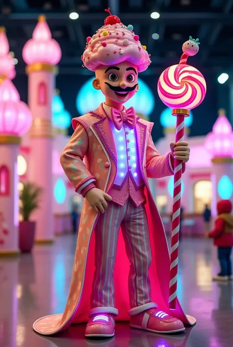 Here’s an u
"A highly extravagant and -friendly candy man designed for a square candy zone at a trade fair. The candy man is a cheerful adult wearing a vibrant and dazzling costume. He has a long, flowing candy-patterned coat with glowing LED accents that ...