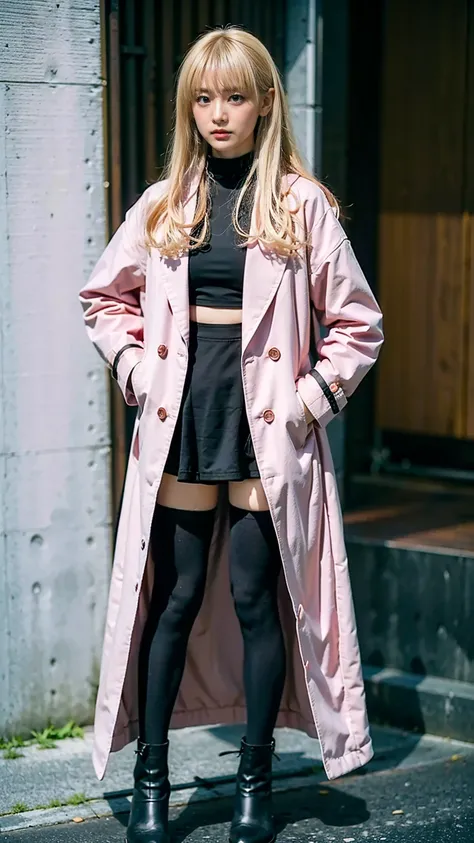 (8k、     RAW photos   、   top quality、masterpiece   :1.2)、(   realistic   、   realistic   )、1 person、((black、Blonde、bangs、tights、heroine costume、 pink long coat 、 miniskirt、 blackい教会、 boots、Thin legs、whole body、 Hands on her hips 、  standing facing you   )...