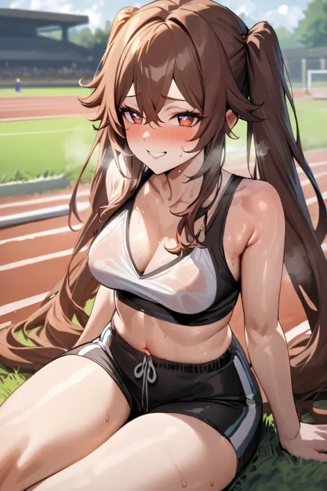 NSFW,masterpiece, top quality , high res, very detailed,Futao(Genshin Impact)、 long hair、bangs、Brown Hair、Red Eye、 hair between eyes、 twin tails、side lock、 symbol shaped pupil ,Track and field club,Descente Bra Top,Descente One Point Shorts,smile,blush,Hea...