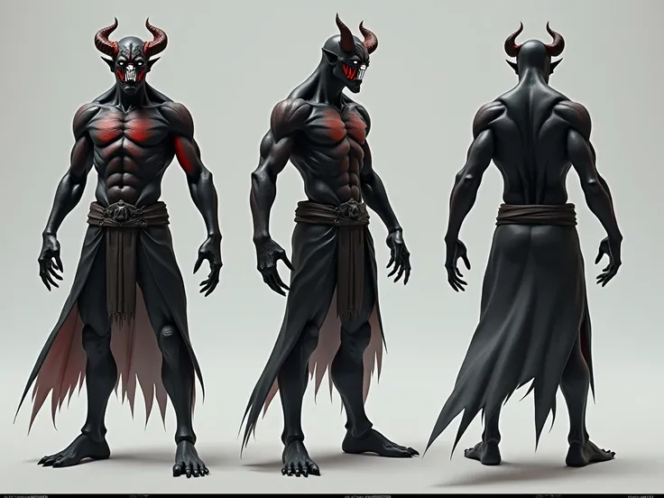 NSFW,Dark Demon,  on his face with only eyes in the form of white slits , dark aura, the mouth is missing , NO HORNS , no ears,  sharp claws on the hands, demon from three angles and full-length ,  Character poses for concept art from all angles, Color con...