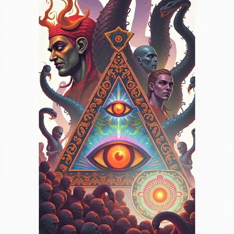 Symbole coloré Illuminati Eye , carte dixit divinité égyptienne, dans une foule de momie et de serpent
