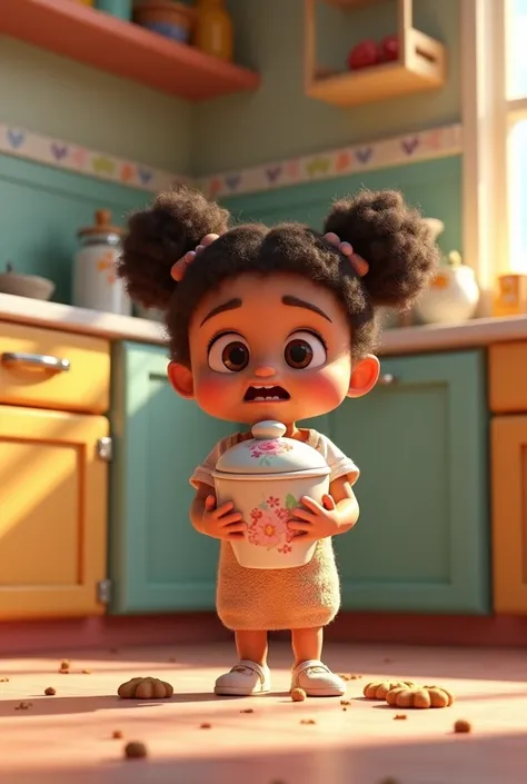 Saira standing in shock, holding the nearly empty cookie jar.
3d animation Disney inspired 