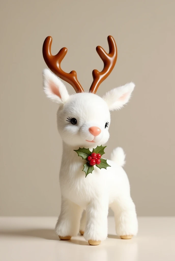 Create an image of a white toy reindeer with brown horns,which is used for decorating sthon Christmas