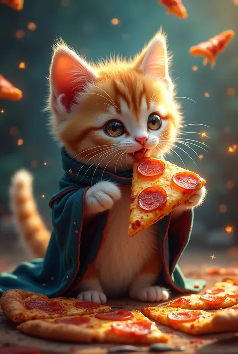 Create an image of a sorcerer kitten with portions of the background eating pizza 