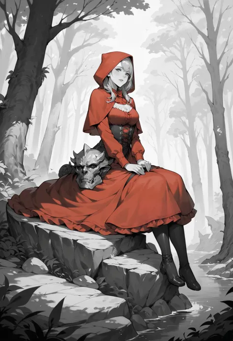 top quality, best quality, highres, unparalleled masterpiece, perfect artwork, monochrome, red riding hood sitting on rock in forest, pixiv, fantasy art, grayscale with red dress,