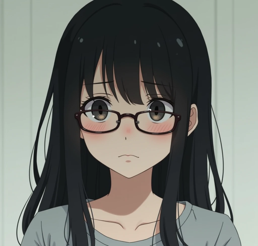  1 girl,  black hair,  Details,  boobs, shut your mouth, sleepy, worry,  simple background,  Wearing Glasses, Anime, 