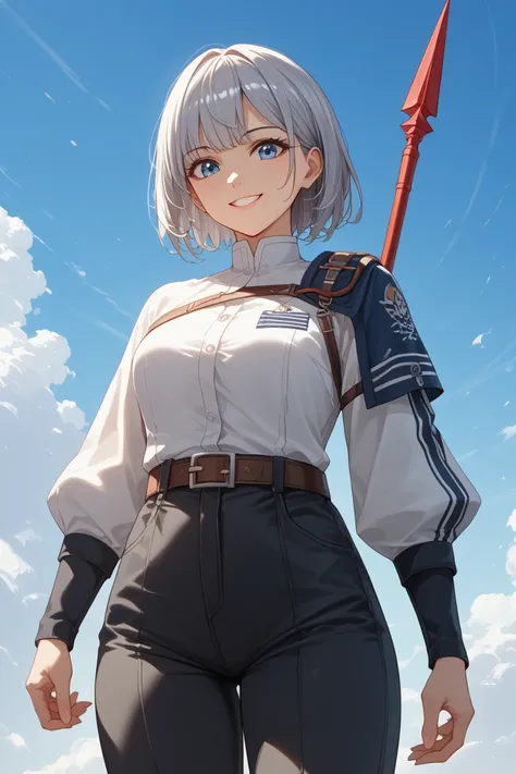   Silver Hair、  Shorthair、 Adult female、 standing、 cool white clothes、Crest on clothes 、 belt around shoulder or chest、Belt on torso、White clothes、long combat clothing 、black pants、op quality 、masterpiece、   high res 、  detail eyes、  detailed face  、smile、...