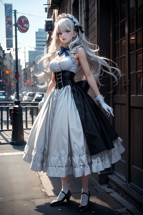 My killer maid, cold, platinum hair, long wavy hair, curly hair, ((bangs)), bangs, blue eyes, white servant shirt, blue bow, sleeveless, white gloves, white shoes, long pleated skirt, Victorian clothes, (white clothes), rifle, midnight city setting.