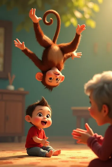 The monkey performing an acrobatic trick, flipping through the air with a cheeky grin. The Pixar-style baby in a red T-shirt sits on the ground, their big black eyes wide with excitement, while the grandmother, sitting nearby, claps her hands in amusement