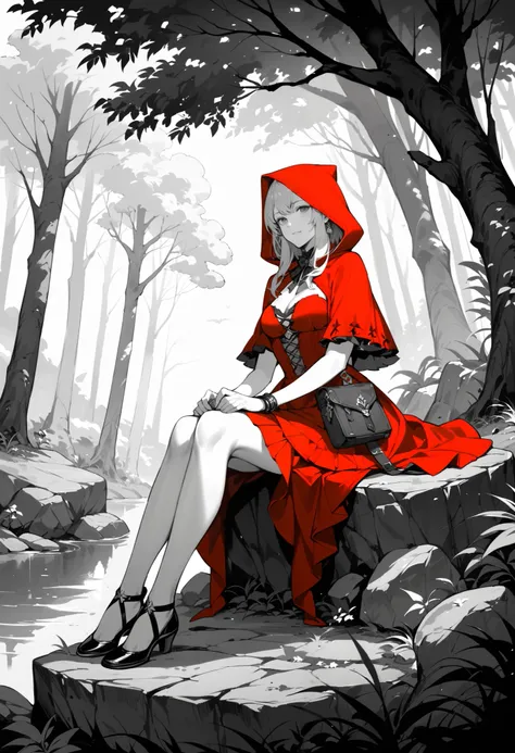 top quality, best quality, highres, unparalleled masterpiece, perfect artwork, monochrome, red riding hood sitting on rock in forest, pixiv, fantasy art, grayscale with red dress,