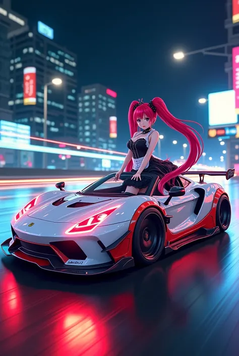   8KRAW photos. draw a white sports car pain wheel on the flowing background 、 sports cars have a low center of gravity and stylish shapes 、All painted white、 red neon light with bright phosphorescent paint 、  The picture of an anime-style girl with red ha...