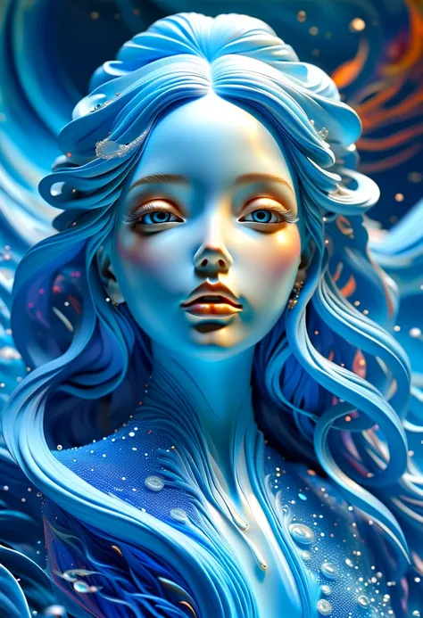 （Super Fine，lifelike：1.37），Psychedelic abstract art：3D goddess sculpture made of flowing liquid，Beautiful blue eyes，Serene expression，soft flowing hair，Upper Body，Background of the myth，creative composition，Liquid textures and patterns，High-resolution rend...