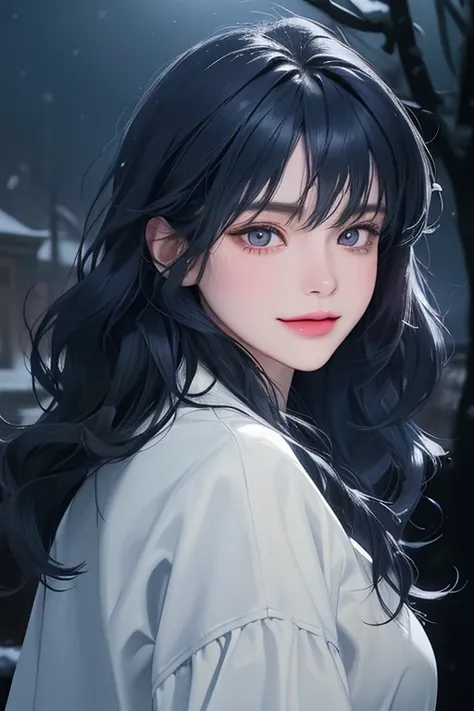 upper body, front view,(best quality, ((masterpiece)), beautiful detailed Eyes, 8K resolution, cinematic lighting,detailed clothes,Semi-realistic),smile,1 woman,((25-year-old)),((bunt bangs, ((dark blue hair)), (wavy hair)),winter, snowfall