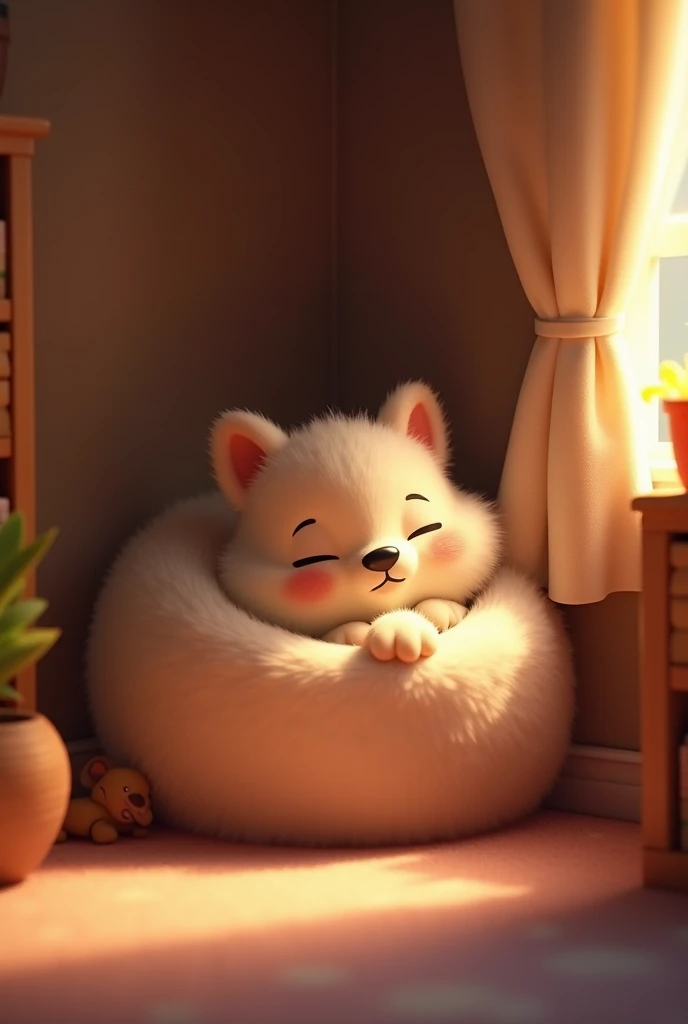 Manno curling up in a cozy corner, seemingly satisfied.
3d animation Disney inspired 