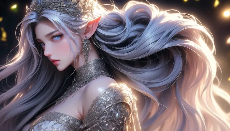 ((Picture from the waist up:1.5、Zoom out))((masterpiece:1.5、8k、Tabletop、Photorealistic and very detailed CG、red eyes,blue eyes,odd eyes,with diamond-shaped irises,elf,masterpiece,female,looking at viewerVery detailed、Particle Effects、Dynamic Effects、Shallo...