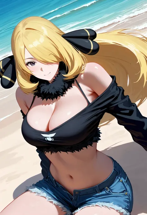 (masterpiece, best quality:1.2), 1 girl, alone, 1girl, cynthia_(pokemon), hair_over_one_eye, medium_breasts, cleavage, absurdres, fur_collar, loose tank top, tight ripped jorts, (from diagonal: 1.4), sunrays, beach, shadow, wave hello, cool smile, navel