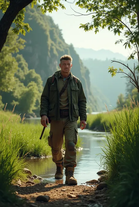 Grown man walks on the outskirts of a river