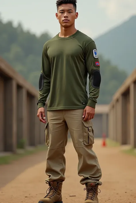 American miliary training teen male uniform. Moisture-wicking, long-sleeved olive-green shirt with reinforced elbow patches. The shirt features a small school crest on the right sleeve. Durable khaki cargo pants with ample pocket space. Rugged, brown hikin...