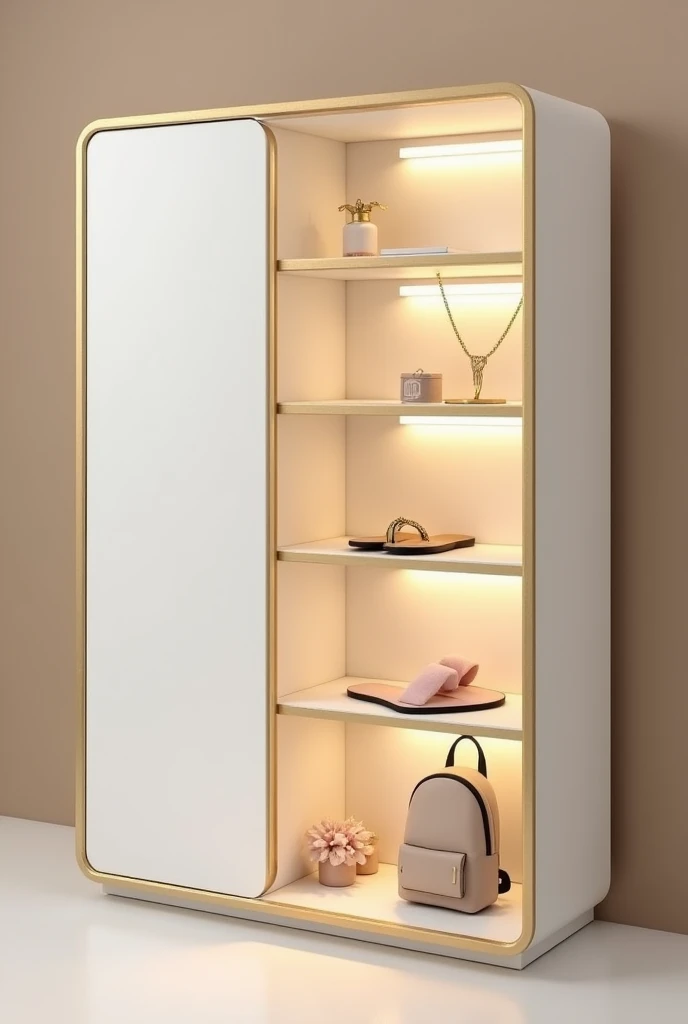 Design a modern white wardrobe with golden edges, featuring 8 evenly sp
• Top shelf:
• Second she
• Third shel
• Fourth shelf: A gold women’s necklace with an e
• Fifth shelf: A gold ring
• Sixth shelf: A pink women’s slipper with a simple and stylish desi...