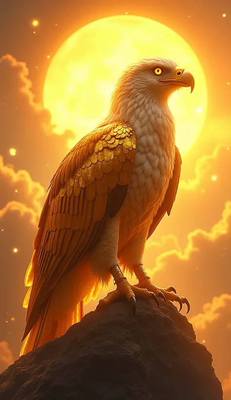 Majestic Guardian:
"A divine eagle-gold hybrid perched atop a glowing mountaintop. Its metallic gold feathers shimmer in the sunlight, glowing with radiant energy. The eyes blaze with wisdom, and its golden talons clutch a sacred artifact. The backdrop fea...