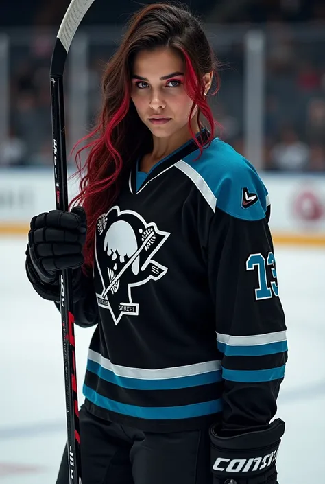 Latina woman with olive skin, brown eyes, and long brunette wavy hair with a single red streak. She also wears red eyeshadow. Wears black and blue hockey jersey uniform. hair tied in a low ponytail. Semi-Realistic. Dark colors. On the Ice with Hockey stick...