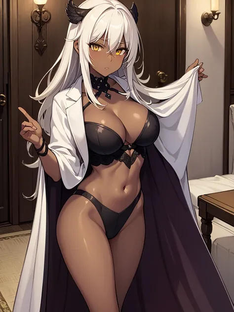 (​masterpiece、top-quality、hight resolution、Unity 8k、extremely details CG:1,Best Picture),  (Prostitute, big breasts), ramlethalms, 1girl, Grey hair, yellow eyes,((((dark skin)))), A seductive prostitute standing confidently in a private room at night, dres...