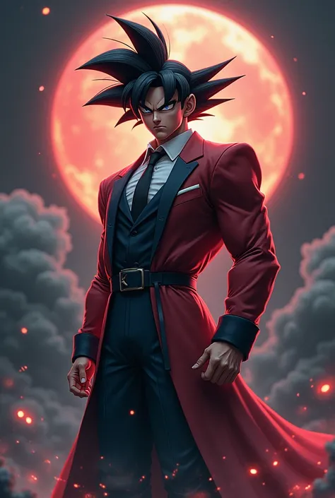 goku that highlights your power and influence, male, dragon ball, Detailed facial features, Intense gaze, Aura of arrogance, Muscular physique, Sharp tailor, Elegant hairstyle, Confident stance, Dark and dramatic lighting, Vibrant cores, High-resolution re...