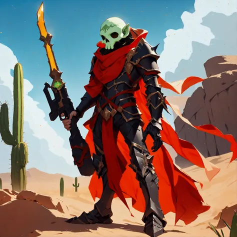 A halfling sized eversor with a green skull mask standing next to a six foot tall cactus. Black armor with red piping at the joints hold a futuristic pistol in his left hand and a shortsword in his right. Standing in a desert with a plateau in the backgrou...