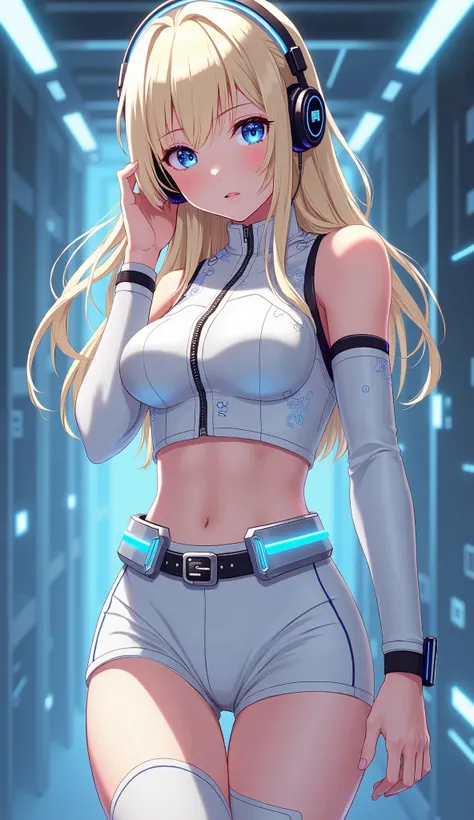 Detailed anime illustration, pixiv style,anime love-live style, zero gravity space. Woman dressed in white spaceship high-tech capsule, cold sleep device. Japanese woman, blonde long hair, wearing futuristic underwear with biosensors and circuit patterns. ...