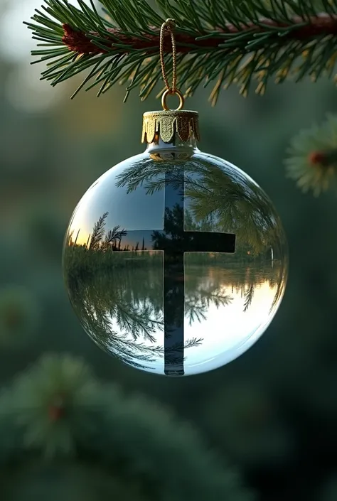 Une boule de Noel sur un sapin et sur la boule on voit le reflet de la croix de la crucifixion