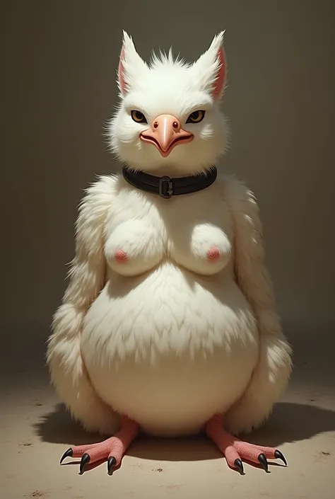 A furry bird with medium breasts sits on the floor,  without clothes, there is a tight collar on the neck . embarrassed look