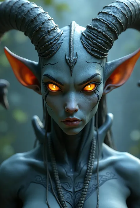 Hochwertig, 8K Ultra HD, create a portrait of a World of Warcraft Draenei, grey skin, glowing yellow eyes, horns curved backwards, highly detailed