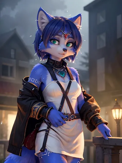 ((krystal)), Star Fox-Krystal, lovable, green eyes, (((  Long blue hair 1  .3))), Decollete, anthro, blurred,  detailed Fluffys fell,  detailed face , (Fluffy),   1 girl, ,woman, Goth, green eyes, Undercut, Ultra-realistic 8k CG  ,   masterpiece, ((  ultra...