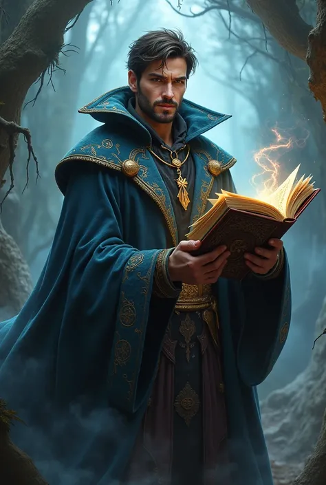 Handsome male wizard with a living sentient spellbook 